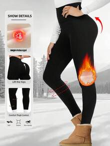 Calça térmica feminina de inverno com forro térmico, leggings confortáveis e quentes, 350g, super grossa, à prova de frio, cintura alta, estilo esportivo casual elástico, não restritiva, tecido respirável, ajuste justo, resistente ao frio e quente - Preto - Ver 6