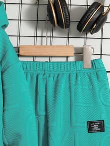 Set de 2 piezas Chaqueta con capucha con cremallera y pantalones de unicolor casual para niños, primavera/otoño - Agua verde azul - Ver 9