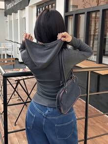 女士初秋休闲修身夹克，简约设计 - 深灰色 - 查看 3