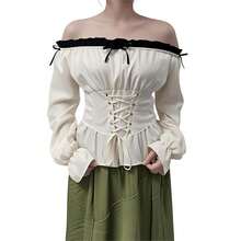 Renaissance Costumes Shirt Women Peasant Blouse Off-Shoulder Tops Halloween Medieval Pirate Costume Women{"Size_name":"Large"} - Lớn - Xem 6