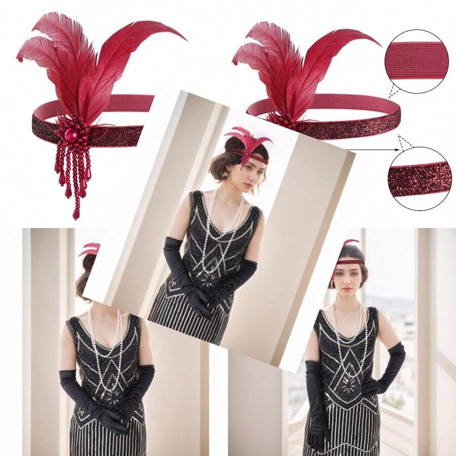 1 Pcs 1920s Flapper Headpiece Red Feather Headband Roaring 20s Gatsby Hair Accessories Red