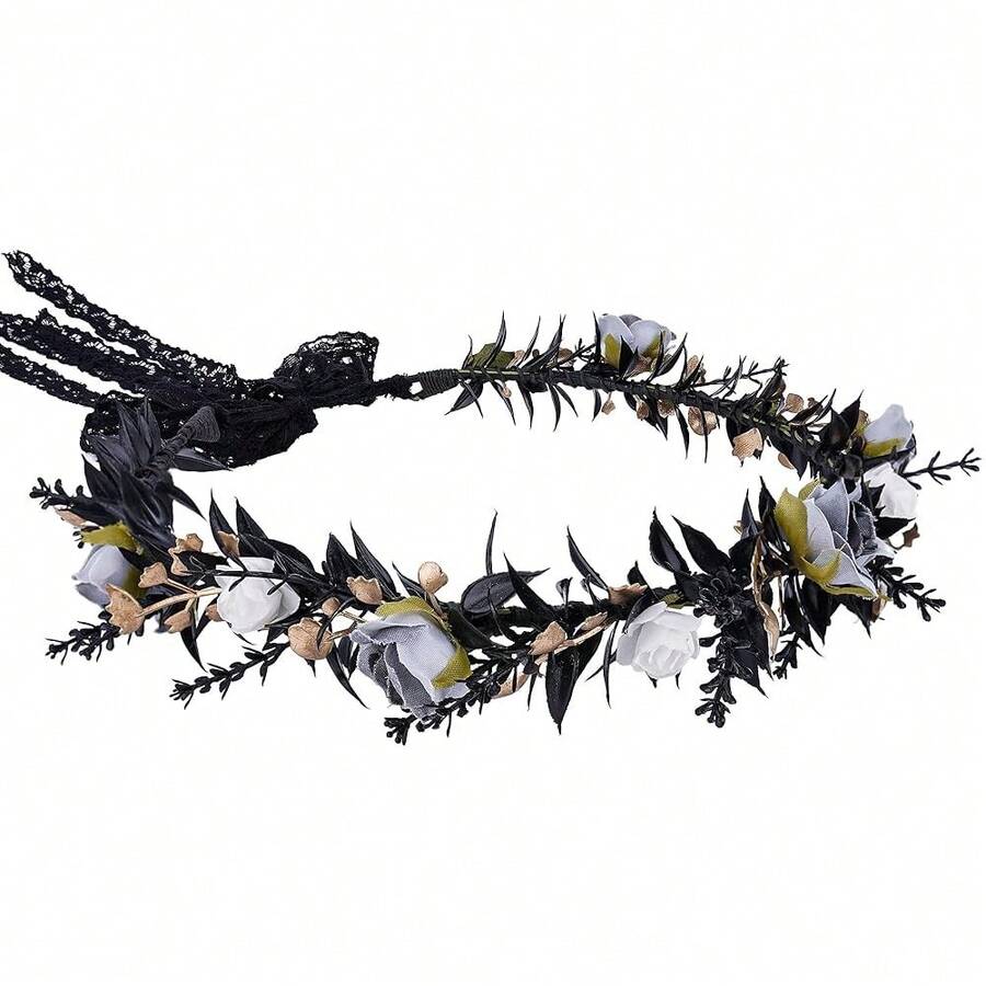 MOSTORY Black Flower Headpiece - Fairy Floral Crown Dark Elf Crown Elven Circlet For Renaissance Halloween Gothic Wedding Cosplay Renfaire Accessory Women{"Color_name":"Black-Blue"} - Black-blue - 查看 1