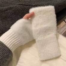 1 Paar Mink-Fleece weiche Winter Halbfinger Handschuhe für Damen, warm, luxuriös, einfarbig weiß, flauschig gestrickt, fingerlos, Handgelenkstulpen - Verschiedenfarbig - Übersicht 6