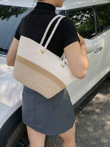 1 Piece, Pure Hand-Woven Bag In Leisure And Minimalist Vacation Style, Rope Braid, Open Style Ladies Beach Bag For Vacation Trip And Stylish Clothing Matching And Shopping With Friends, Gift For Girls, Suitable For Travel, Travel Essentials - 卡其色 - 查看 11