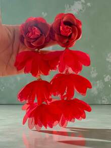 1 par de pendientes de borla con flor de rosa de chifón vintage exagerada y elegante, hechos a mano, adecuados para uso diario, fiestas y vacaciones