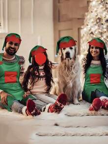 2 Pieces Unisex Christmascostume Set, Featuring A Festive Green Apron With A Red Pocket And A Santa Hat, Perfect For Holiday Party Accessories.