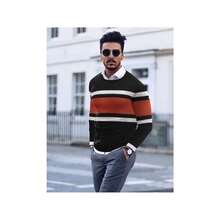 Men's Crew Neck Sweater Slim Fit Lightweight Sweatshirts Knitted Pullover For Casual Or Dressy Wear - 黑色/鐵鏽紅色 - 查看 2