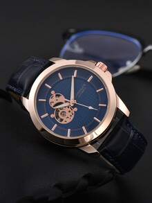 LONGLUX 1 pieza Reloj de hombre con correa de cuero automático mecánico impermeable, de alta gama y casual - Azul - Ver 6