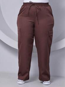 PLUS SIZE WIDE LEG HIGH WAIST PANTS WITH CARGO POCKET - 鏽棕色 - 查看 2