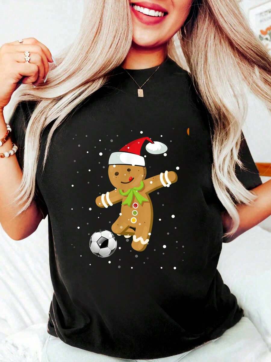 Casual Christmas Football Soccer Gingerbread Player T-Shirt T-Shirt Cotton Women Clothing Black Top Graphic Tees Women Christmas Clothes - 黑色 - 查看 1