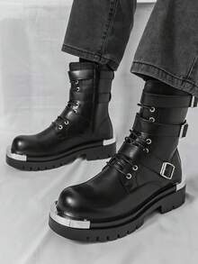 男士厚底德比靴，朋克风格系带金属孔眼户外休闲靴，三扣设计高帮登山靴 - 黑色 - 查看 9