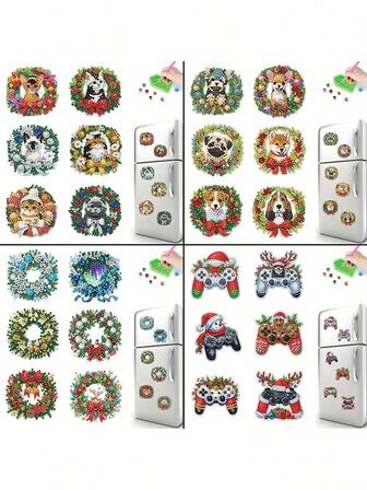 1/4 件 6 件套精美钻石画磁性圣诞卡通冰箱装饰，5D DIY 闪亮钻石工艺套件，PET 材质，初学者手工技能提升，理想的冰箱装饰配件 - 新年礼物