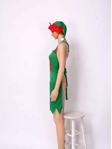 2 Pieces Unisex Christmascostume Set, Featuring A Festive Green Apron With A Red Pocket And A Santa Hat, Perfect For Holiday Party Accessories.