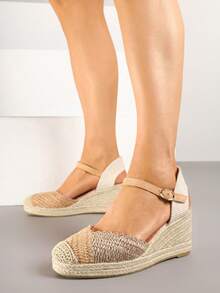 Espadrille-Style Sandals With A Woven Wedge - Camel - View 2