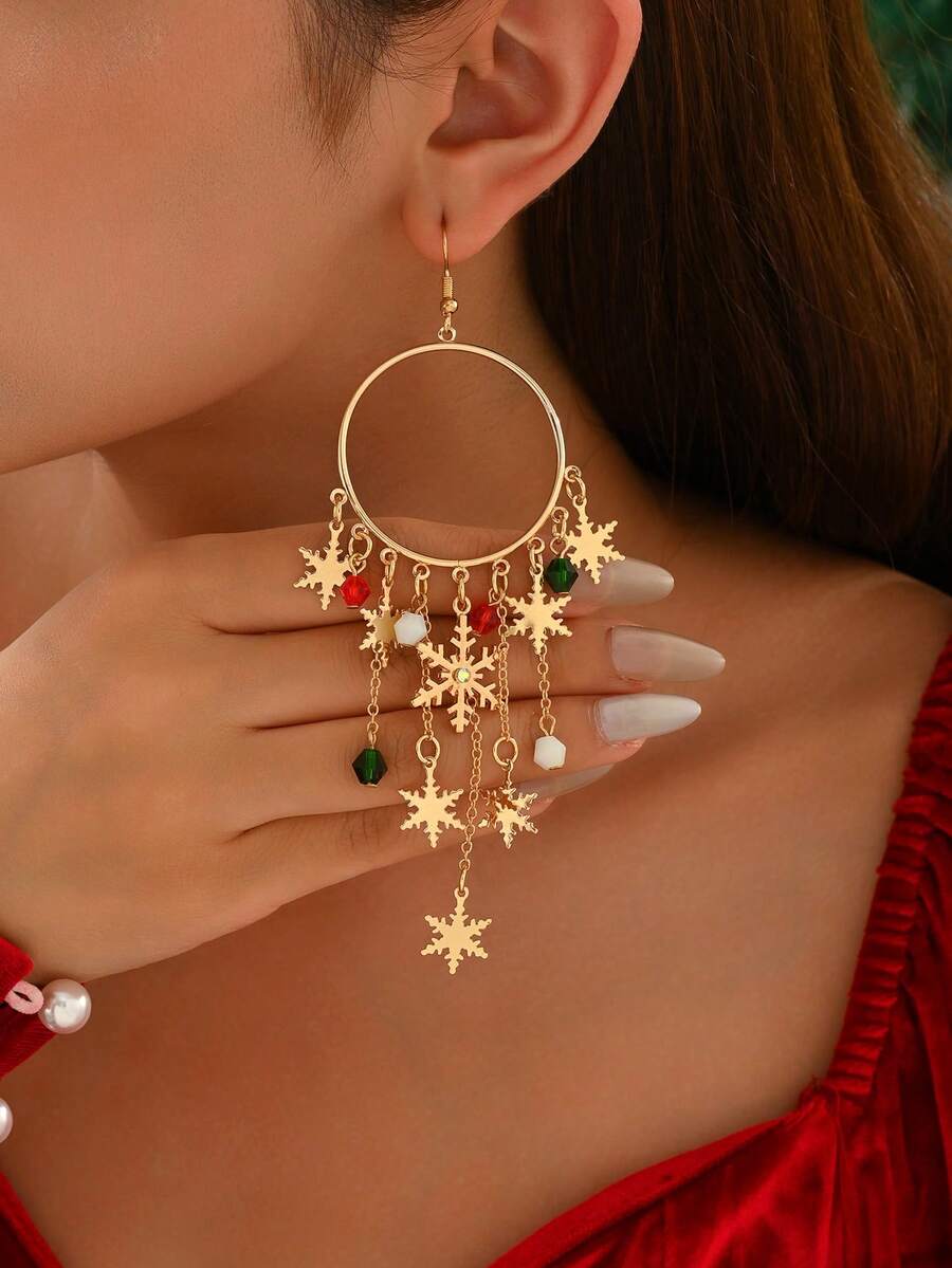 1 par de elegantes pendientes navideños para mujer, con llamativo diseño de copo de nieve de metal, borlas largas con cuentas rojas y verdes, perfectos para fiestas y regalos en ocasiones festivas - Dorado - Ver 1