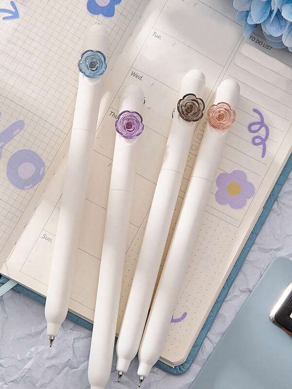 Juego de 4 bolígrafos decorativos de punta de bola con flores 3D exquisitas, cada uno con diferentes patrones florales y diseños creativos, adecuados para firmar en negocios y escribir en estudios, un regalo para amigos.