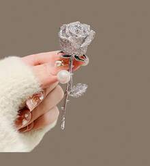 Metal Full Diamond Pearl Rose Flower Brooch High-End Cute Large Brooch Elegant Pin Suit Versatile Accessory For Women - Bạc - Xem 7