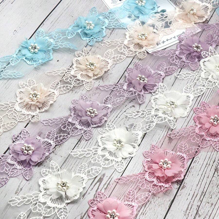 1 Yard Ren Organza Hoa Ngọc Trai Rộng 8cm, Chất Liệu May Thủ Công Bằng Ruy Băng Satin Thêu - Nhiều màu - Xem 1