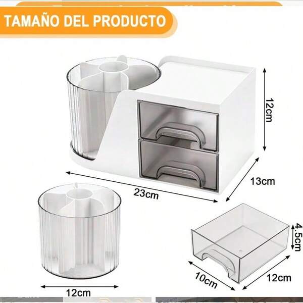 Organizador de Escritorio Giratorio con 2 Cajones, Portalapices Escritorio, Multifuncin Porta Lapices de Escritorio, Para Oficina, Material Artstico, Escuela blanco