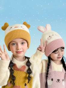 1pcWinter Hat - Lightweight Soft Elastic Winter Animal Face And Heart Pattern Beanie - Warm Thick Earflap Hat In Cute Pastel Colors - Christmas And Everyday Cold Weather Hat For Boys And Girls - Multicolor - View 2