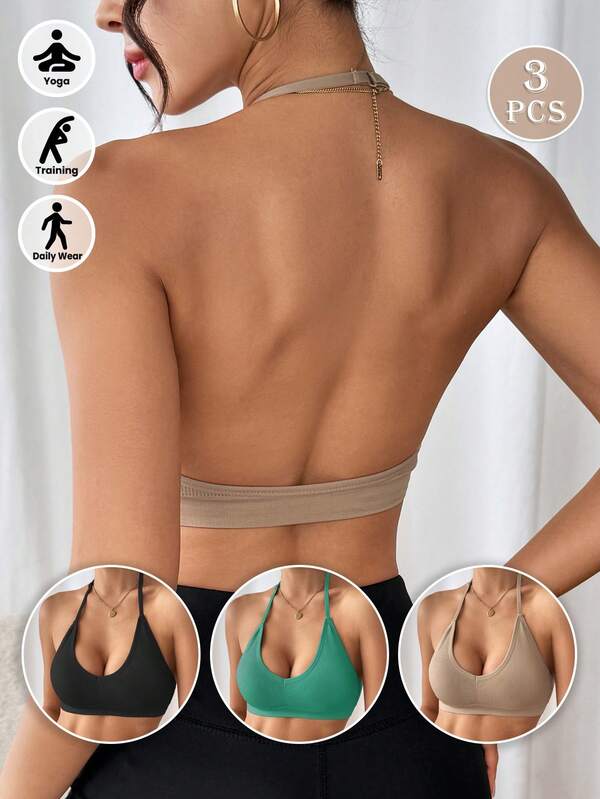 LianShengFa 3pcs Seamless Ribbed Openback V-Neck High Stretch Sports Bra, Removable Pads Fitness Tank Top, Soft Comfortable Breathable Yoga Bra