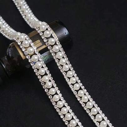 1码超闪亮珍珠水钻链，缝纫饰边，适用于婚纱、新娘礼服、手提包、鞋子、演出服，优雅水晶链装饰，适合缝纫、珠宝制作和DIY婚礼装饰 - 布艺装饰