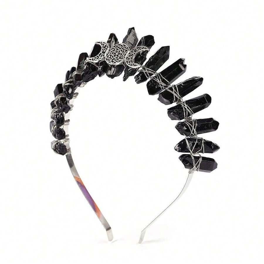 Bubbmi Black Raw Crystal Tiara Headband, Natural Quartz Moon Goddess Witch Fashion Hair Band For Wiccan Cosplay Party Headwear{"Color_name":"BLACK"} - 黑色 - 查看 1