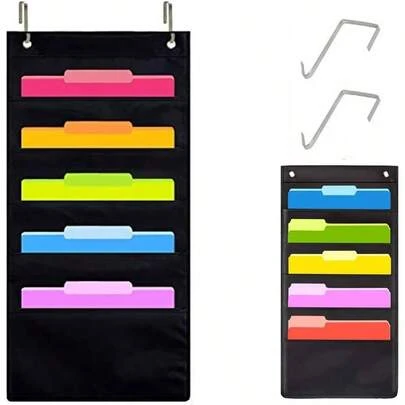 Hanging Wall File Organizer, 5 Pocket, Black Wall Storage Pocket Charts With 2 Hangers, Oxford Cloth Storage Pocket, Over Door File Organizer, Great Classroom, Home Or Office Use 5 Pocket