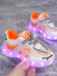 GUANGLAN USB Rechargeable LED Light Up Roller Shoes, 7-Color Flashing Casual Sports Shoes For Kids, Breathable Mesh Fabric Sneakers, Suitable For Halloween, Christmas, Spring/Summer, Roller Skates For Boys Girls Children - Orange - View 3
