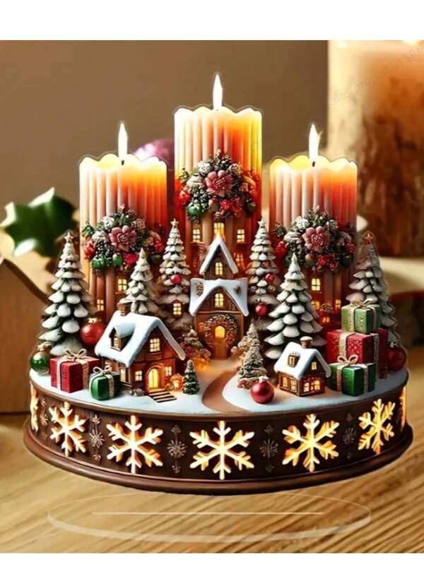 Decoración central de Navidad en estilo retro de acrílico 2D plano, decoración de escena navideña de escritorio con velas, letrero y placa decorativa de uso múltiple, adecuada para uso doméstico, excelente para regalos de cumpleaños y fiestas
