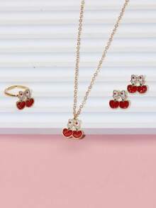 4pcs/Set Cute Cartoon Pendant Chain Necklace, Earrings, Ring Alloy Children Jewelry Set - Red - View 2