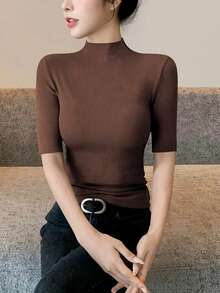 Women's Three-Quarter Sleeve Ribbed Cotton T-Shirt With Stand-Up Collar, Regular Length, High Stretch - Coffee Brown - View 2