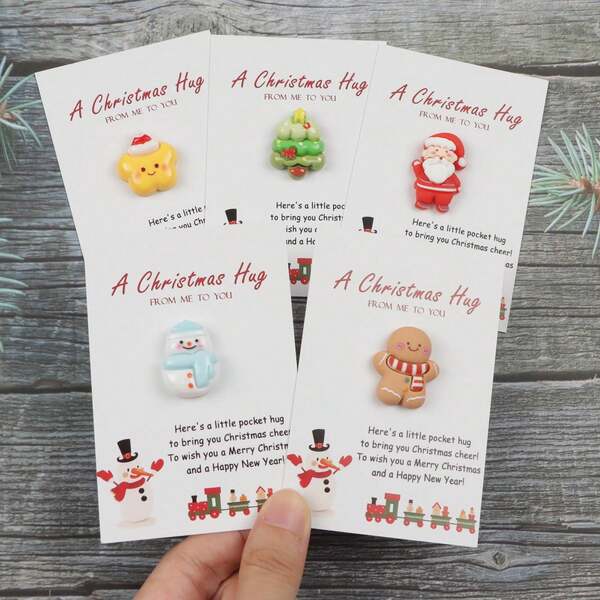 5 pezzi Mini Biglietti di Natale con Abbraccio, con 10 ciondoli in resina, biglietti d'auguri tascabili con Babbo Natale, calza, cervo, stella, biscotto, con il messaggio "Un Abbraccio di Natale", regali di gioia festiva per amici, famiglia, anime gemelle, perfetti come riempitivi per calze di Natale