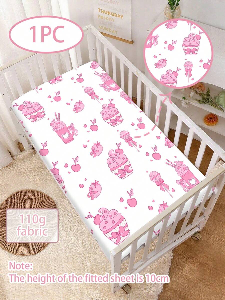 1 件 110g 布艺婴儿床单，粉色蝴蝶结冰淇淋图案，涤纶材质，全方位高弹力，紧密包裹，舒适透气，四季宝宝，婴儿 - 彩色 - 查看 1