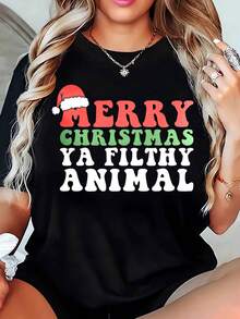 Merry Christmas Ya Filthy Animal Women's Christmas T-Shirt Holiday Sweatshirt Funny Xmas Gift For Women Santa Hat Design Casual Top Christmas Party Outfit,220g - màu đen - Xem 1