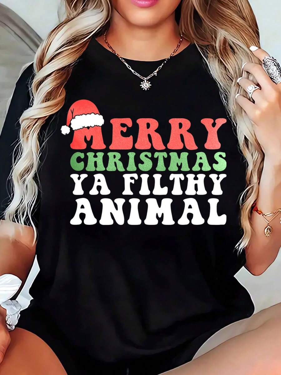 Merry Christmas Ya Filthy Animal Women's Christmas T-Shirt Holiday Sweatshirt Funny Xmas Gift For Women Santa Hat Design Casual Top Christmas Party Outfit,220g - màu đen - Xem 1