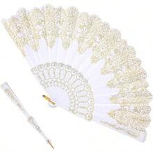 Handheld Folding Fan, White Folding Fans Hand Fans Women Foldable Party Wedding Decoration Dancing Festival Summer - Initial - View 1