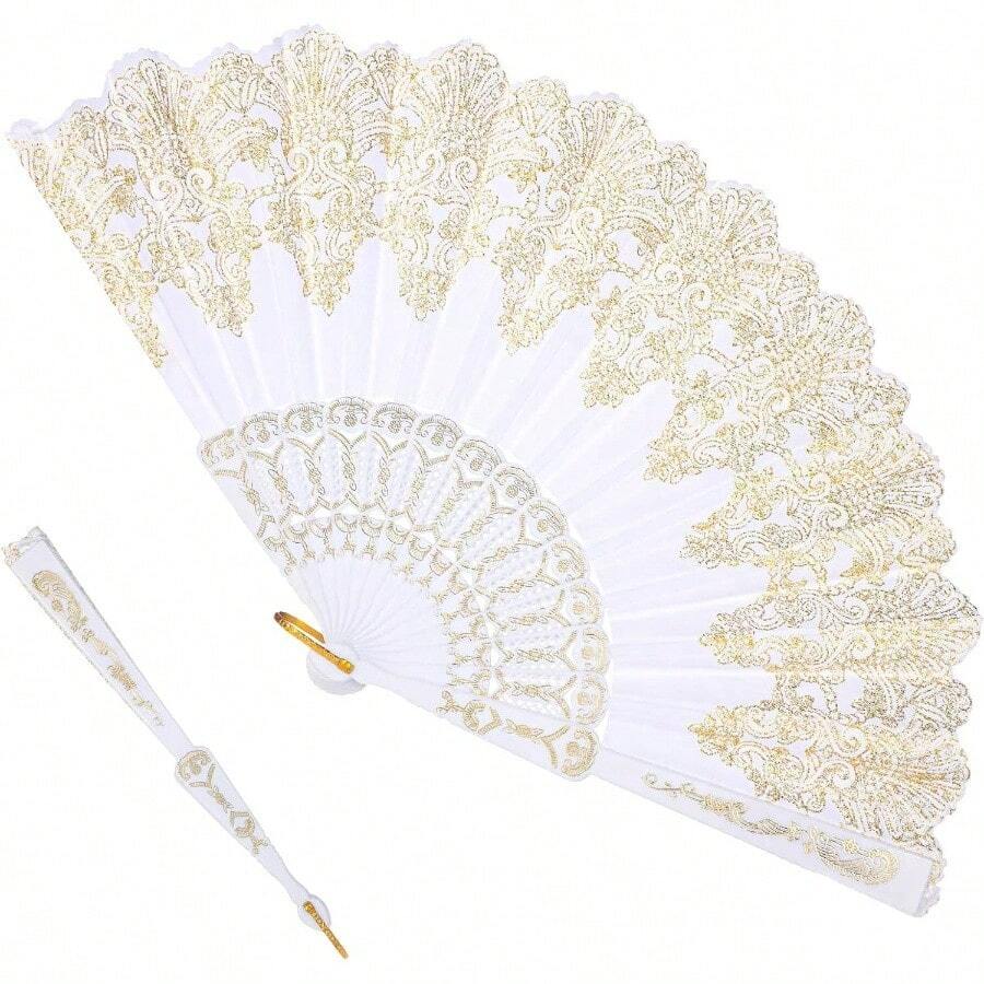 Handheld Folding Fan, White Folding Fans Hand Fans Women Foldable Party Wedding Decoration Dancing Festival Summer - Initial - View 1