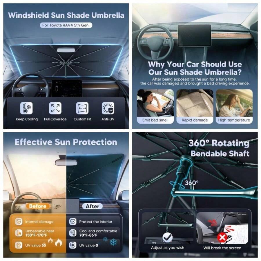 - Paraguas para parabrisas para accesorios Highlander 2020 - 2025, material de vidrio de hielo mejorado, sombrilla de fcil instalacin para parabrisas de coche, bloqueo - RAV4 2019-2025 - Ver 1