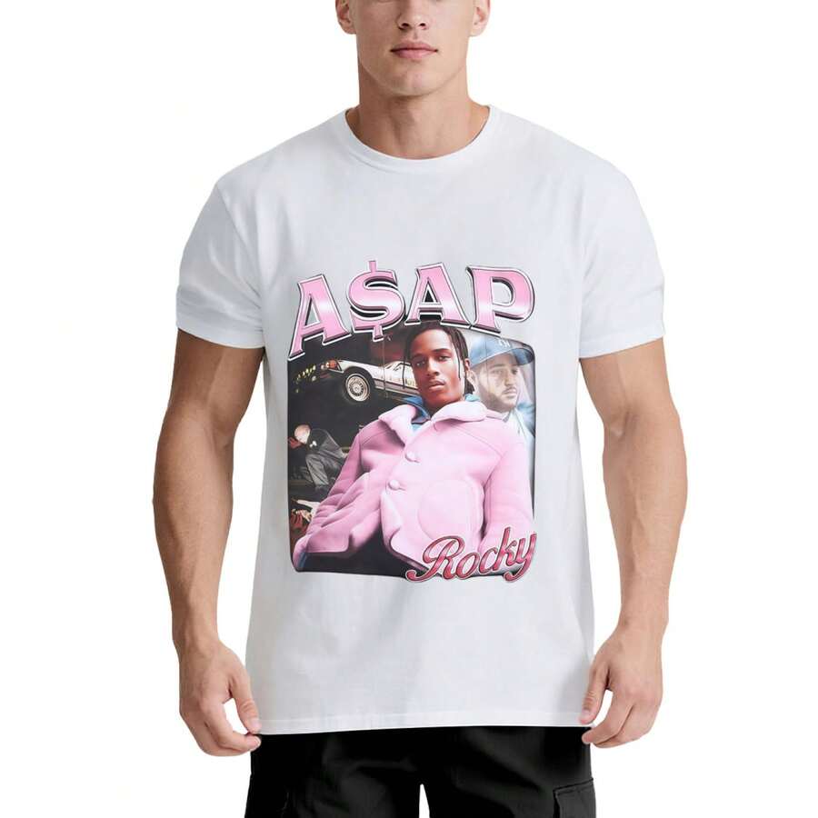 Camiseta Gráfica Unisex de Rapero Hop - 220g Algodón, Diseño Especial, Cuello Redondo, Blanco y Negro, Lavable aáquina, Eventos de Hop y Ropa Casual para Adultos a - Blanco - Ver 1