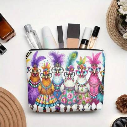 1 pieza Cartera con forma de gallina - Bolsa de maquillaje divertida de pollo con cremallera, neceser de lino ligero con plumas y cuentas con decoración de pollo, bolsa de aseo de doble cara impresa para viajes y monedero - Regalo de cumpleaños/Navidad/Día de San Valentín para mujeres, bolso de fiesta para uso diario o en ocasiones especiales (colores vibrantes, tela duradera, diseño elegante de gallina, cremallera segura, compacto y portátil)