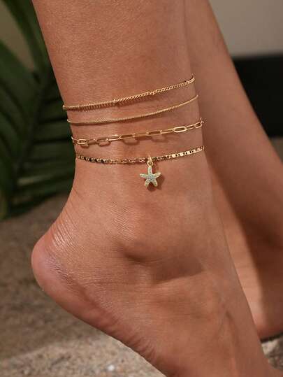 Bộ 4 vòng chân nữ, Phong cách xếp chồng kỳ nghỉ hè trên bãi biển Bohemian, Sao biển Zirconia xanh khảm đồng, Chuỗi hạt tròn mạ vàng, Chuỗi kẹp giấy, Chuỗi phẳng, Bộ vòng chân nhiều lớp, Quà tặng phụ kiện vòng chân Ocean Series