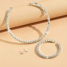 1 vòng tay, 1 vòng cổ, 1 đôi hoa tai, vòng cổ đính đá sang trọng, bộ trang sức hoa tai và vòng tay cho phụ nữ, đám cưới/đính hôn - Bạc - Xem 3
