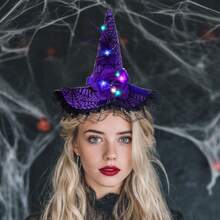 Halloween Witch Hat Headband Light Up Witch Hairband Glitter Lace Flower Feather Headpiece For Women