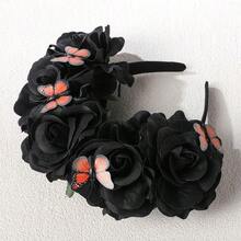 Mexican Black Rose Flower Crown Mexican Floral Headpiece Death Of The Day Dark Rose Flower Headband With Butterfly For Dia De Los Muertos Costume Halloween Festival Party Hair Accessories