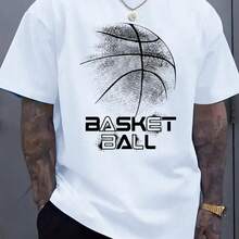 Men's Basketball Graphic T-Shirt - Black Tee With White Basketball Design - Stretch Comfort Fit Round Neck - Lightweight Athletic Shirt Sports, Casual Casual Attire - Washable Summer Top220g High-Quality Pure Cotton T-Shirt With Minimalist Printing, Soft And Breathable Fabric, Comfortable And Loose, Suitable For All Day Wear, Suitable For Office Casual Wear, Spring And Summer Daily Appearance, Elegant And Youthful Design Ropa De Hombre - 白色7 - 查看 6