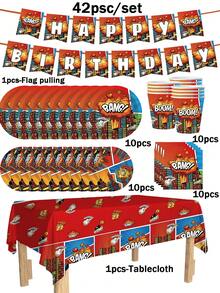 80/10 Sets, Suministros para fiestas con temática de dibujos animados, platos desechables, platos de papel. Incluye platos de 7 pulgadas, platos de 9 pulgadas, vasos de papel, pancartas, manteles desechables y juegos de pañuelos. Adecuado para 10-80 personas, suministros para picnics, fiestas de cumpleaños, campamentos, decoración y actividades de celebración. Regalos para fiestas, despedidas de soltera, decoraciones de restaurantes, utensilios de cocina, clubes, bomberos, Boom, Bang