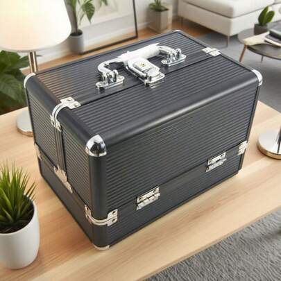 1 件多功能便携式化妆盒，具有双隔层，宽敞的专业化妆盒专为化妆品和美甲工具设计，是旅行、居家和特殊场合的理想便捷化妆品收纳盒，是送给美容爱好者和化妆师的完美礼物，时尚实用的存储解决方案，可满足您所有美容必需品的需求