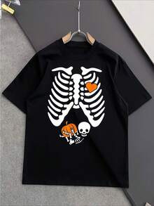 Camisetas casuales para hombres de 250g de algodón puro, gruesas y cómodas, con estampado de tórax de esqueleto, calabaza y esqueletito, estilo humorístico de Halloween - Negro - Ver 2
