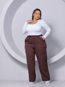 PLUS SIZE WIDE LEG HIGH WAIST PANTS WITH CARGO POCKET - 鏽棕色 - 查看 7